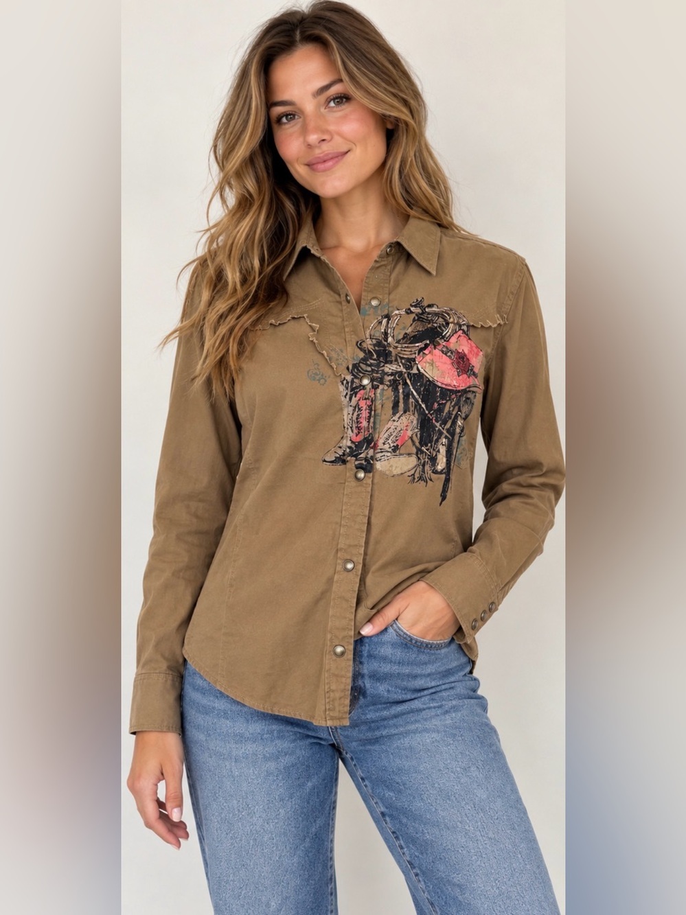 BIT & BRIDLE || Western Graphic Brown Cowgirl Rodeo Shirt. Sz. M